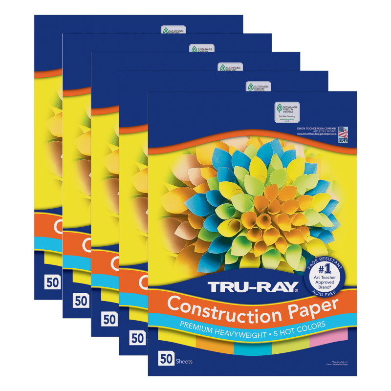 Construction Paper, Heavyweight, 5 Assorted Hot Colors, 12" x 18", 50 Sheets Per Pack, 5 Packs