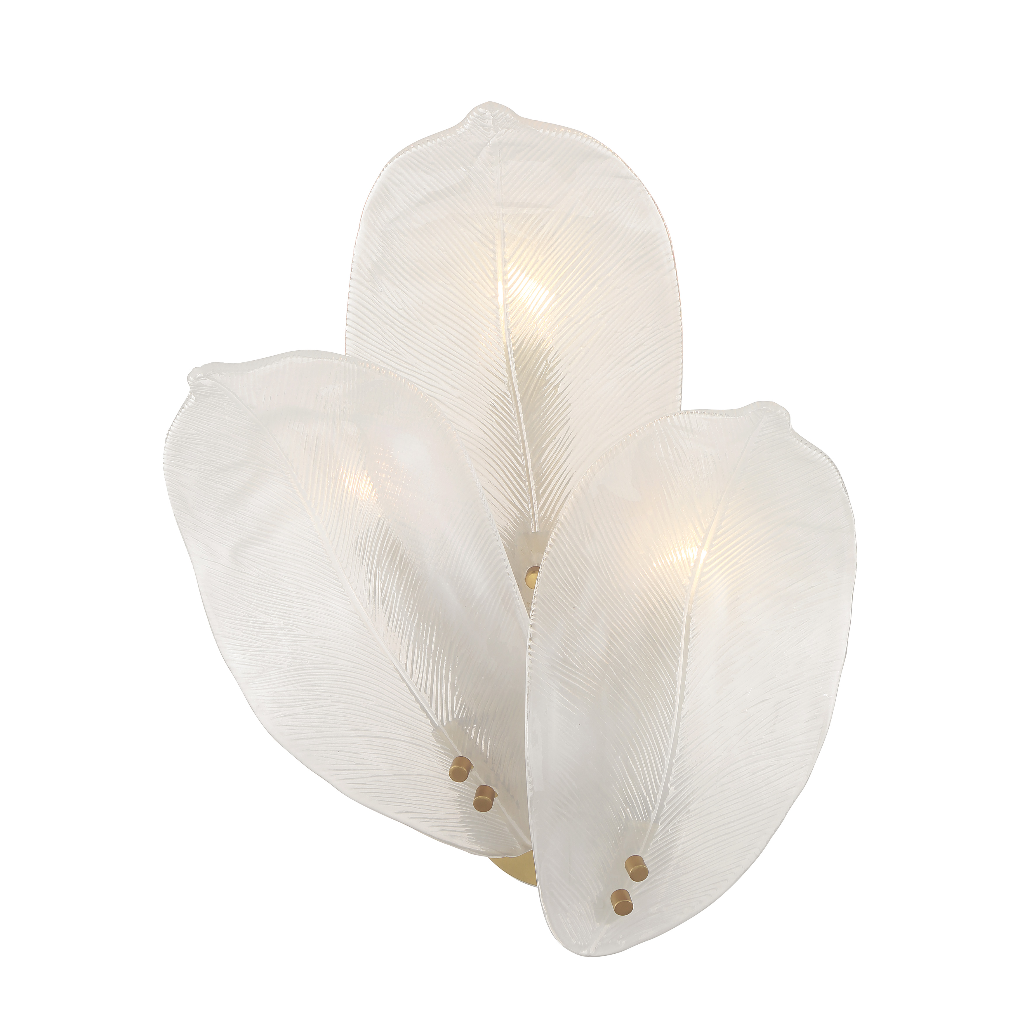 The Orchid wall sconce combines timeless brass finish with artisanal white glass shades, creating a sophisticated lighting solution. Its 18-inch height and three-light design provide ample illumination while maintaining an elegant profile. - alternate view