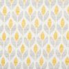 Stylized leaf-pattern fabric or wallpaper with vertical rows of paired leavesâ€”yellow centers alternating with light grayâ€”repeating across the surface, textured with horizontal striations, shown as a close-up of a panel.