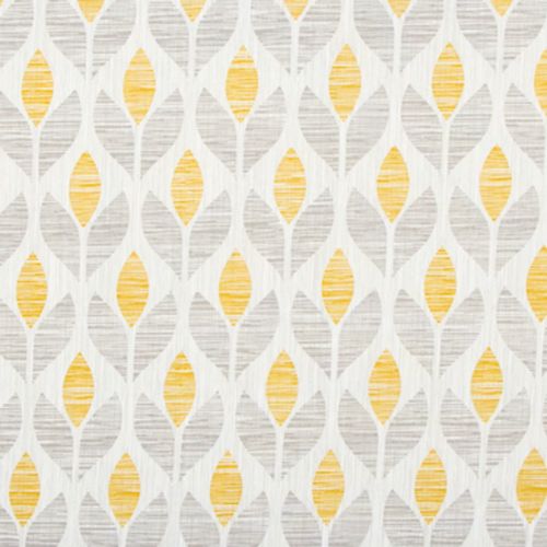 Stylized leaf-pattern fabric or wallpaper with vertical rows of paired leavesâ€”yellow centers alternating with light grayâ€”repeating across the surface, textured with horizontal striations, shown as a close-up of a panel.