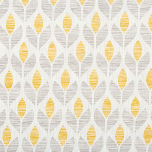 Stylized leaf-pattern fabric or wallpaper with vertical rows of paired leaves—yellow centers alternating with light gray—repeating across the surface, textured with horizontal striations, shown as a close-up of a panel.