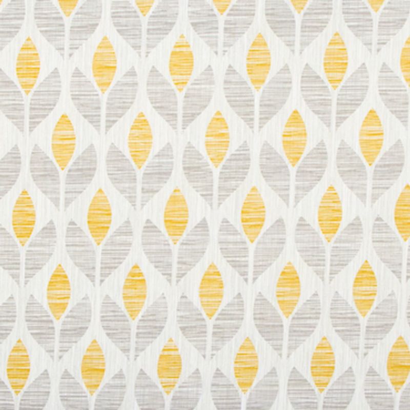 Stylized leaf-pattern fabric or wallpaper with vertical rows of paired leavesâ€”yellow centers alternating with light grayâ€”repeating across the surface, textured with horizontal striations, shown as a close-up of a panel.