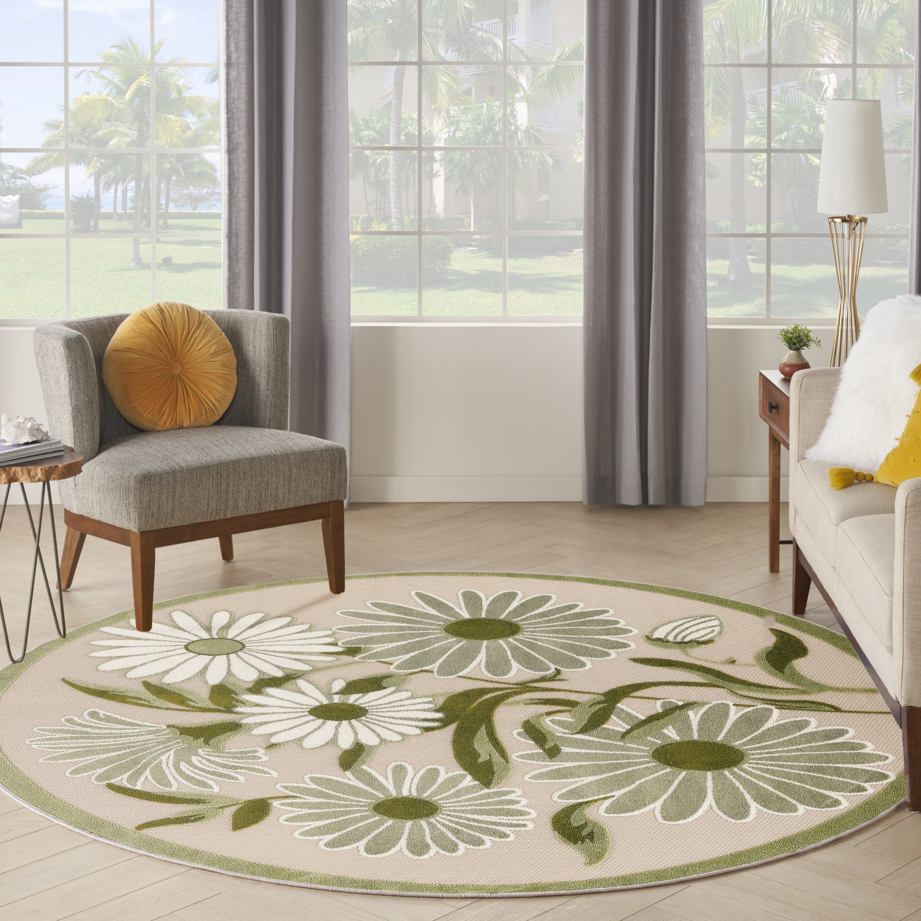 Nourison Aloha 7'10" x Round Ivory Green Outdoor Rug