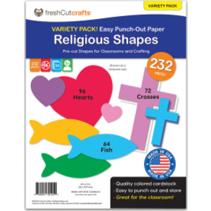 Punch Out Paper Cutouts, Religious Shapes, Cross, Heart & Fish, 232 Pieces