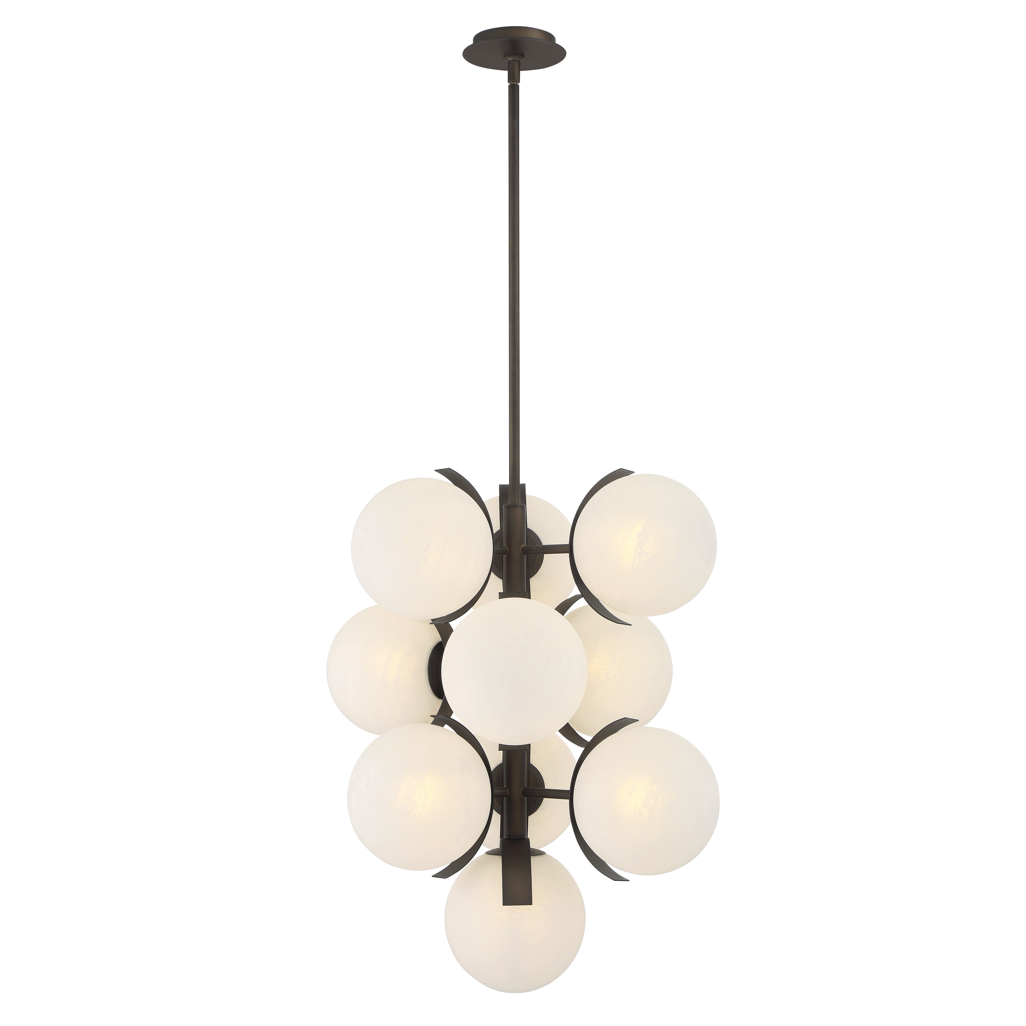 The Vino pendant combines classic elegance with contemporary sensibility. Ten candelabra bulbs behind etched alabaster glass create warm, diffused illumination perfect for dining spaces. Dark bronze finish adds sophistication. - alternate view