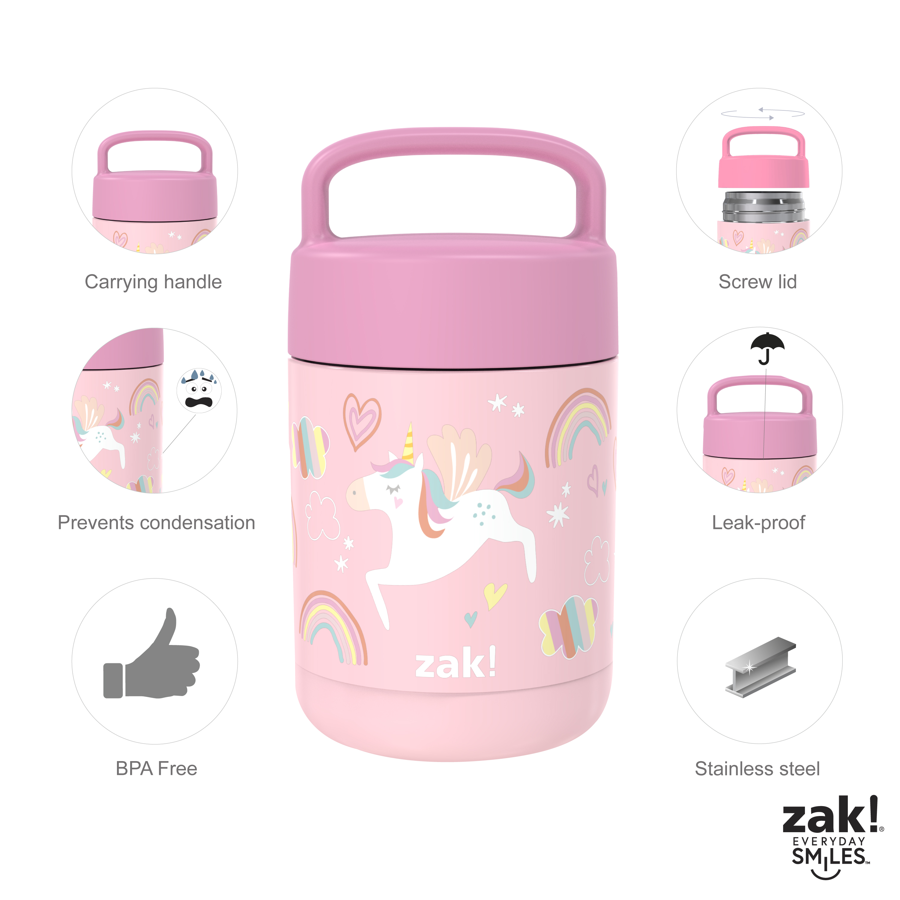 Zak Lunch! Reusable Vacuum Insulated Stainless Steel Food Container, Unicorns slideshow image 11