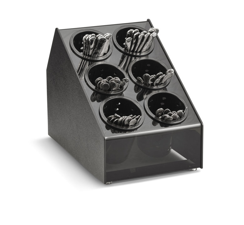 Six-compartment countertop flatware organizer with removable black perforated cylinders
