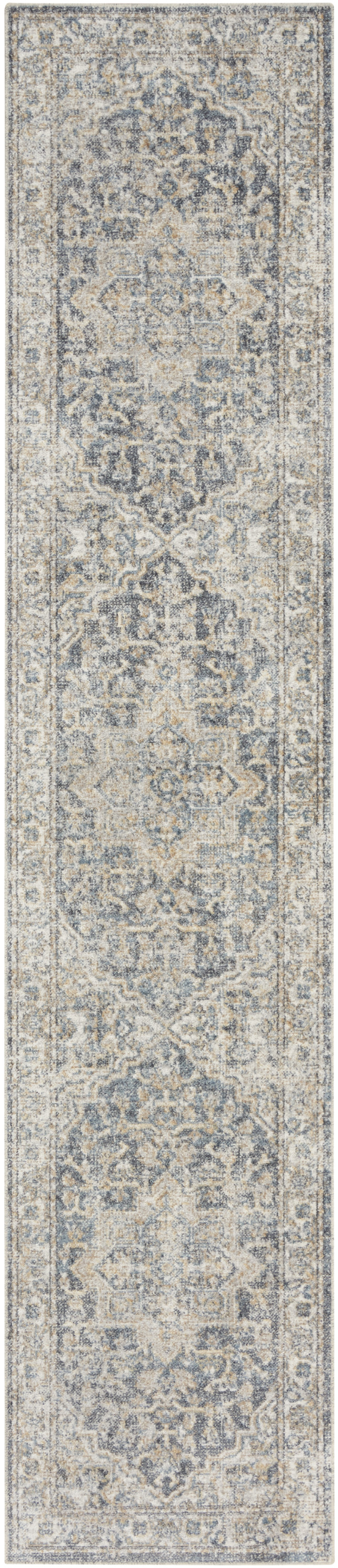 Nourison Astra Machine Washable 2' x 6' Grey Blue Vintage Indoor Rug