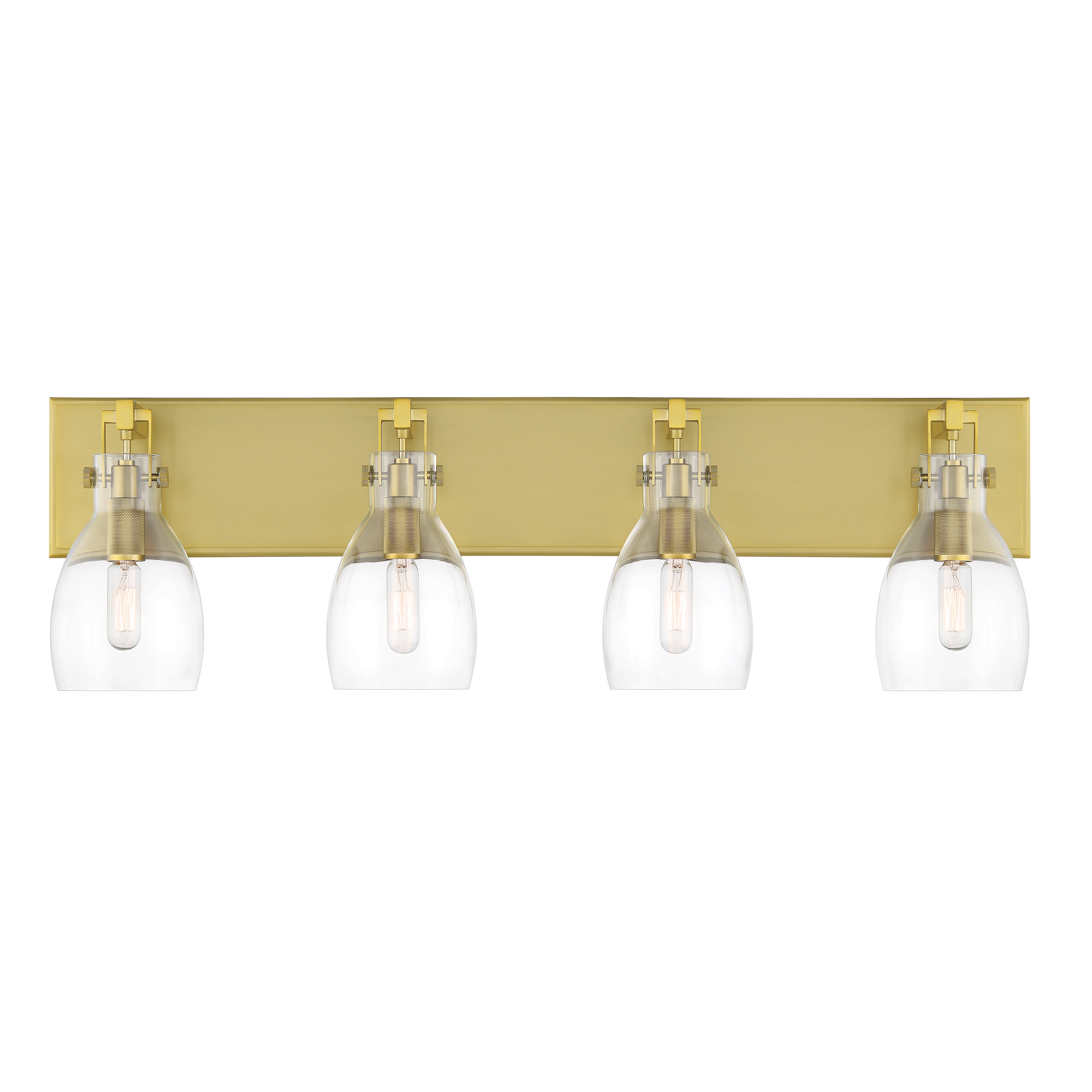 The Tiberia 4-light vanity fixture combines contemporary design with timeless brass warmth. Its 30-inch span provides excellent illumination for medium to large vanities, while clear glass shades showcase decorative bulbs beautifully. - alternate view