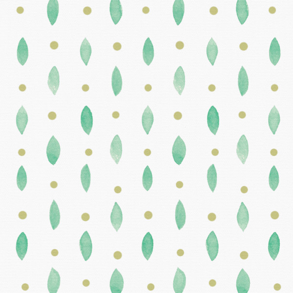 Rows of green watercolor leaf shapes alternate with small gold dots across a white, canvas-textured background, forming a regular vertical dotted pattern.