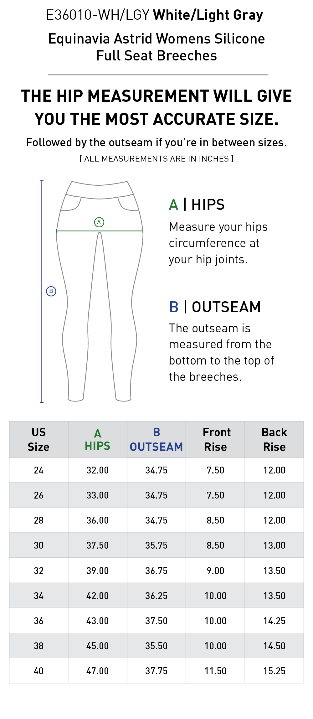 Size chart for Equinavia Astrid Womens Silicone Full Seat Breeches - White/Light Gray