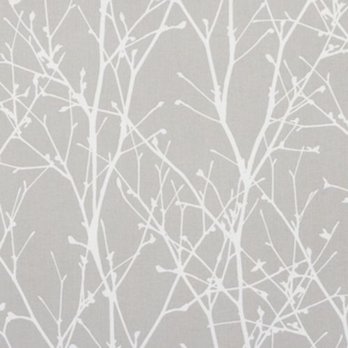 Grey fabric or wallpaper covered in white, leafless twig silhouettes; pattern repeats uniformly, lying flat and static against a smooth surface in a neutral, evenly lit indoor setting.