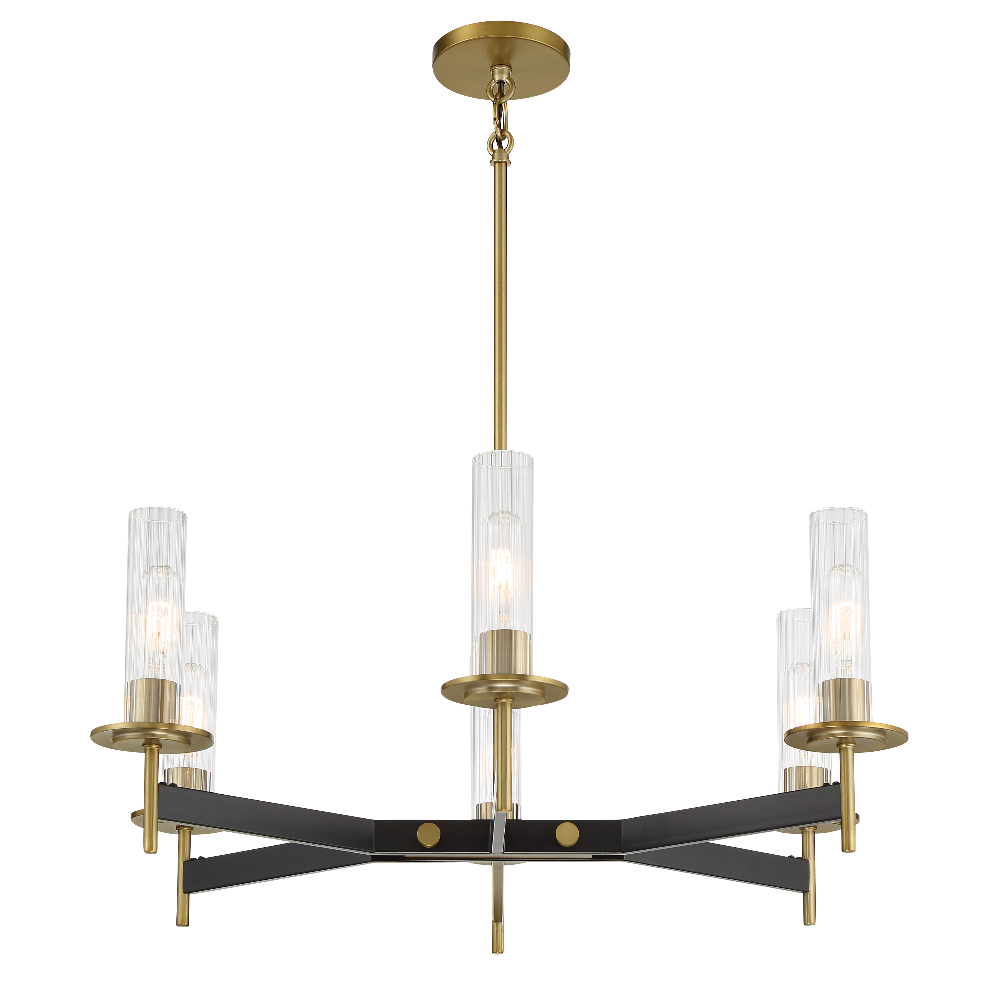 The Baldwin Park chandelier combines traditional elegance with modern farmhouse charm. Six ribbed glass shades diffuse light beautifully while the coal and soft brass finish adds sophisticated contrast perfect for dining spaces. - alternate view