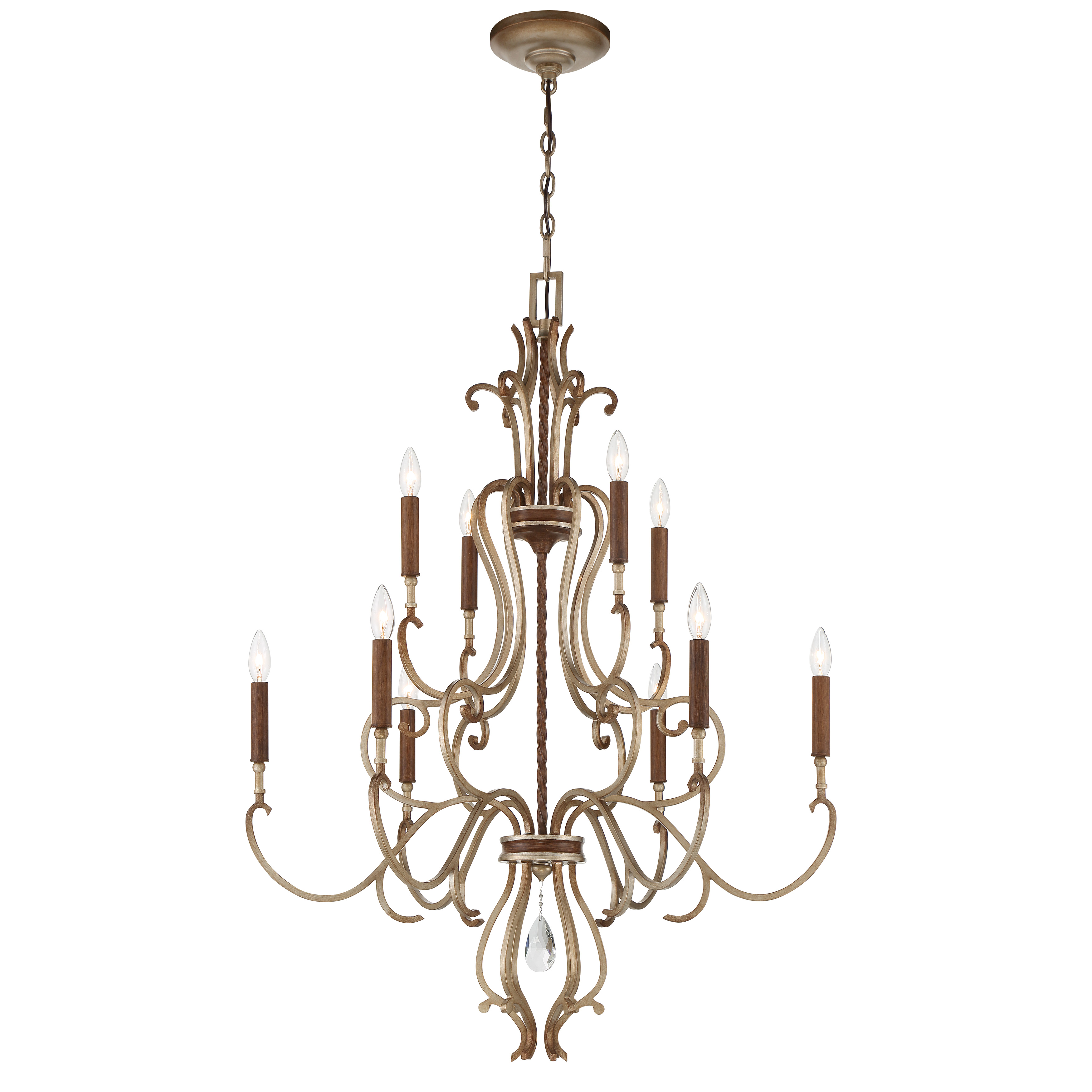 The Magnolia Manor chandelier combines old-world elegance with refined craftsmanship. Featuring 10 candelabra lights, pale gold finish with distressed bronze detailing, and crystal accents, this substantial fixture brings timeless sophistication to formal spaces. - alternate view