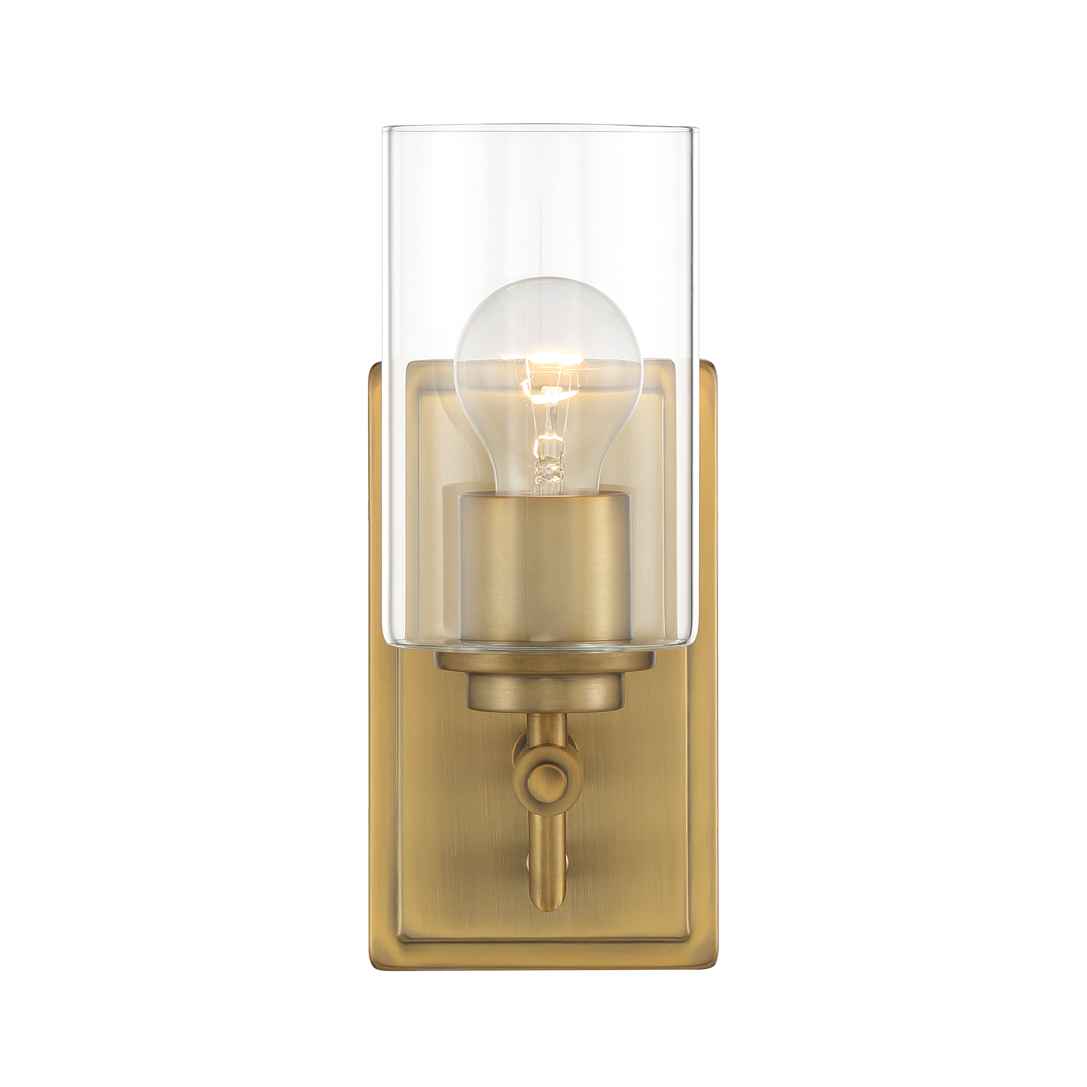 The Binsly bath vanity combines clean modern lines with the warmth of aged brass. Its compact 4.5-inch width makes it ideal for smaller bathrooms or flanking mirrors. The clear glass shade and reversible design offer versatility. - alternate view
