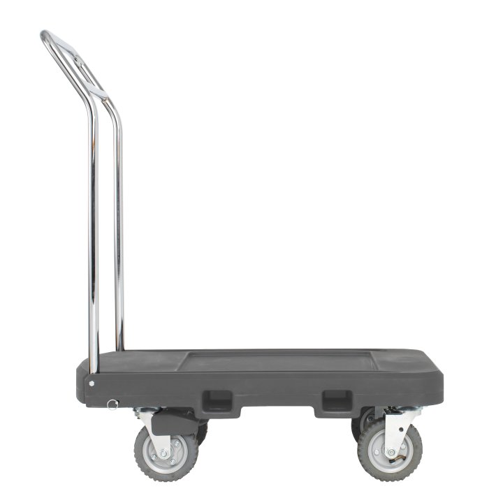 Flatbed utility dolly in dark gray with 6” pneumatic wheels, straps and chrome-plated handle