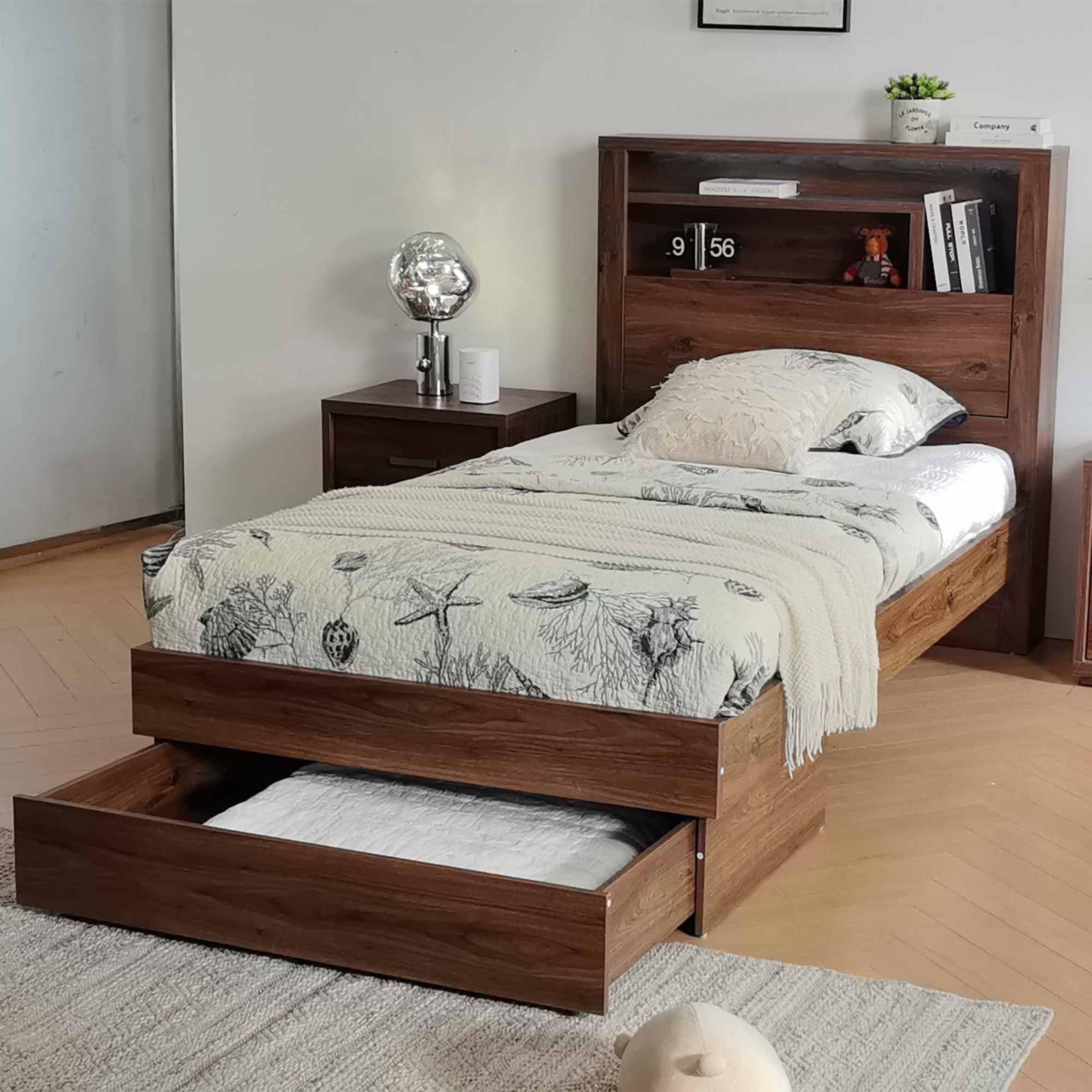 Lifestyle image of the  Bellevue Bed Frame, Drawer Base, Rustic Walnut from Forty Winks