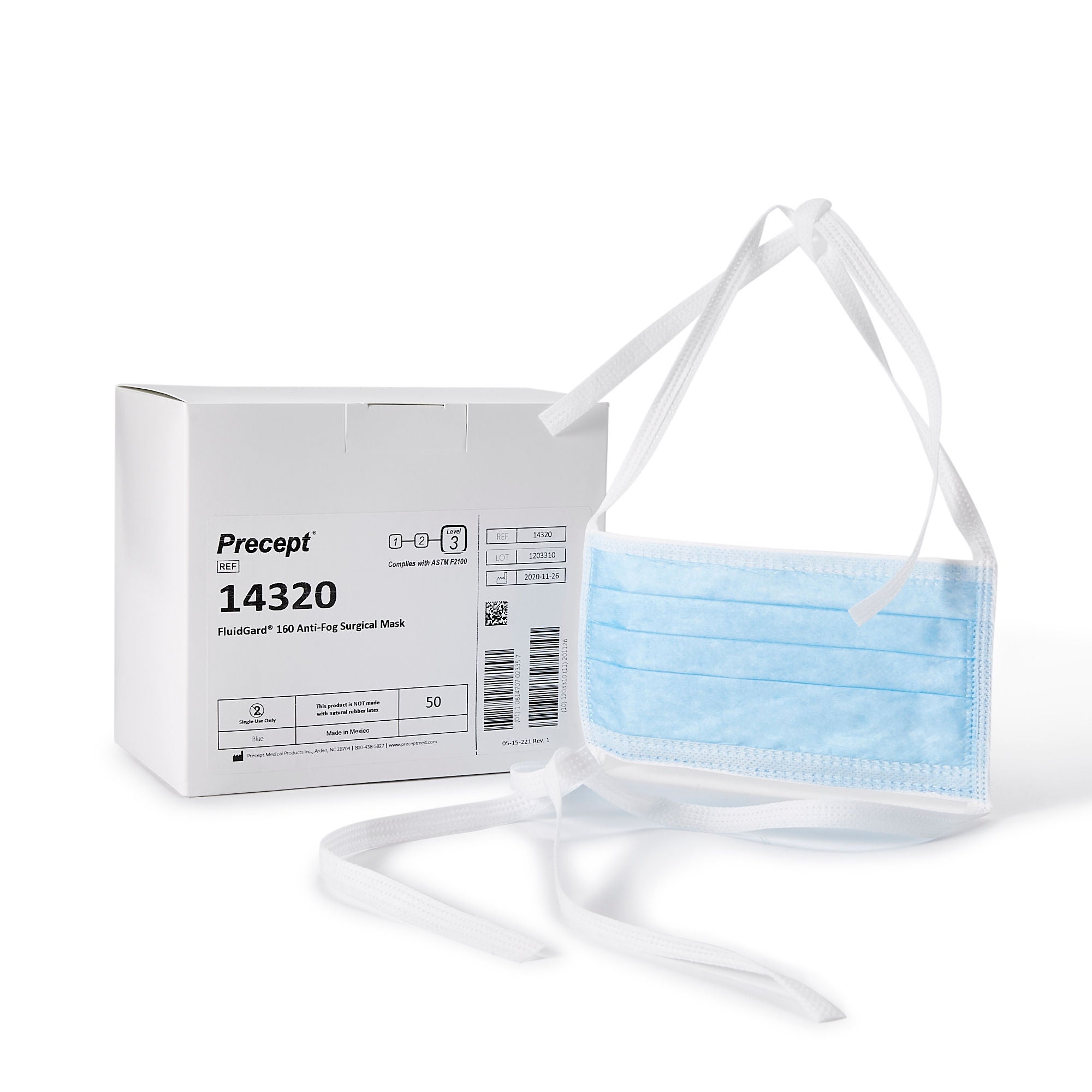 Surgical Mask Precept® FluidGard® 160 Anti-fog Foam ASTM Level 3 Tie Closure One Size Fits Most