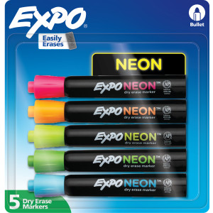 Neon Dry Erase Markers, Assorted Colors, Bullet Tip, 5 Count