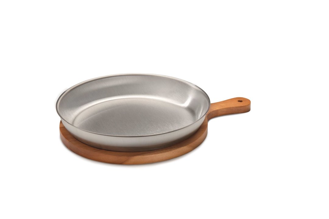 Plaque ronde en acier inoxydable de 26 cm avec base en bois