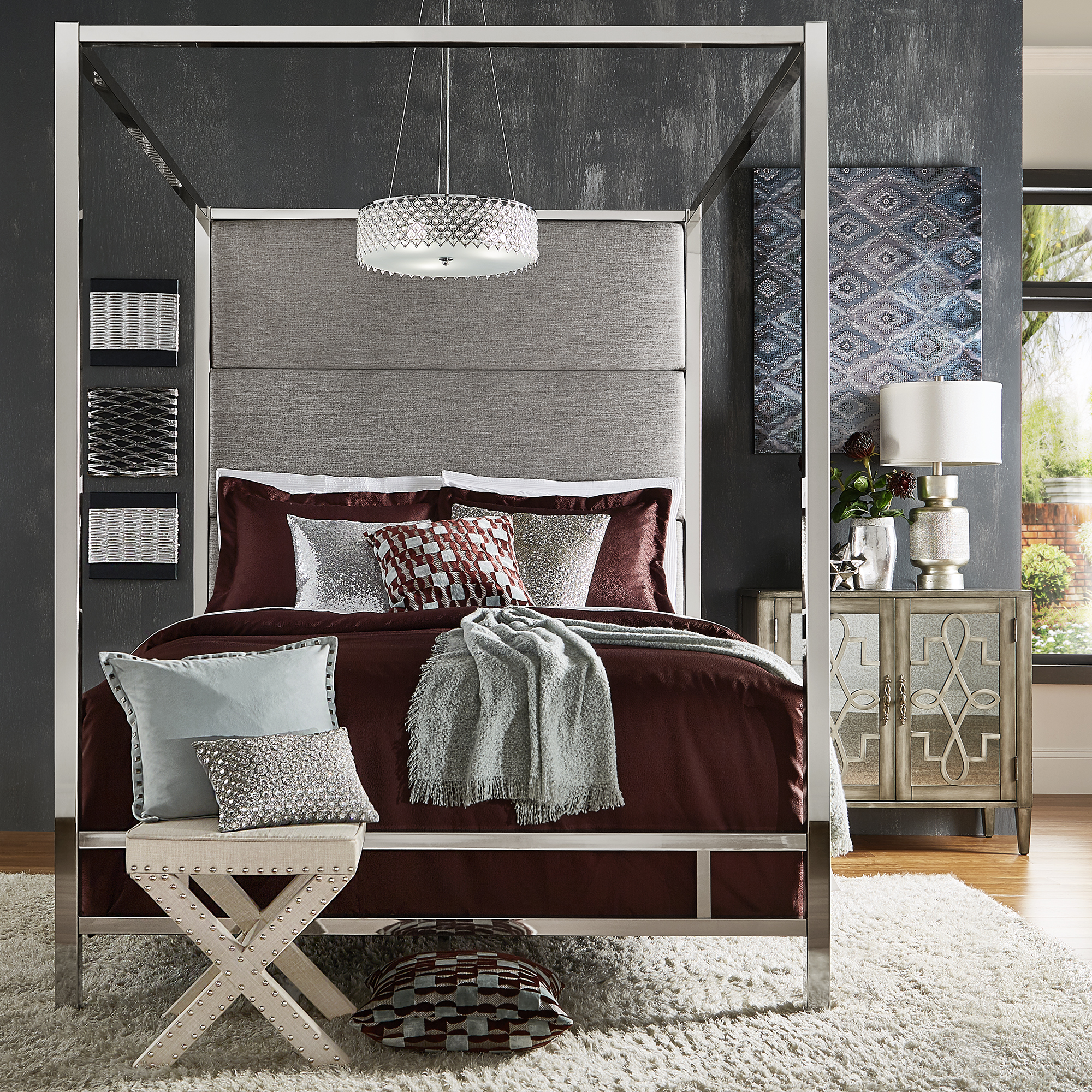 Metal Canopy Bed with Linen Panel Headboard