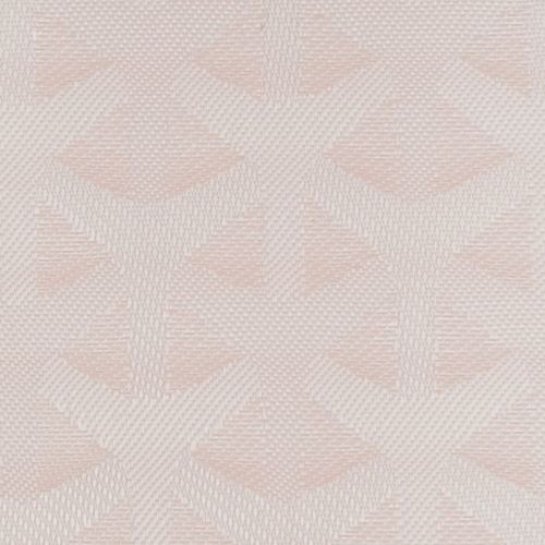 Pale pink woven textile with raised, repeating stylized leaf motifs, lying flat and showcasing texture and subtle sheen, close-up view with soft, even lighting.