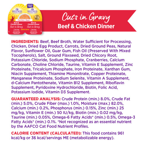 <p>Beef, Beef Broth, Water Sufficient for Processing, Chicken, Dried Egg Product, Carrots, Dried Ground Peas, Natural Flavor, Sunflower Oil, Guar Gum, Fish Oil (Preserved With Mixed Tocopherols), Salt, Ground Flaxseed, Dried Chicory Root, Potassium Chloride, Sodium Phosphate, Cranberries, Calcium Carbonate, Choline Chloride, Taurine, Vitamin E Supplement, Zinc Proteinate, Tricalcium Phosphate, Iron Proteinate, Xanthan Gum, Niacin Supplement, Thiamine Mononitrate, Copper Proteinate, Manganese Proteinate, Sodium Selenite, Vitamin A Supplement, d-Calcium Pantothenate, Vitamin B12 Supplement, Riboflavin Supplement, Pyridoxine Hydrochloride, Biotin, Folic Acid, Potassium Iodide, Vitamin D3 Supplement.</p>
