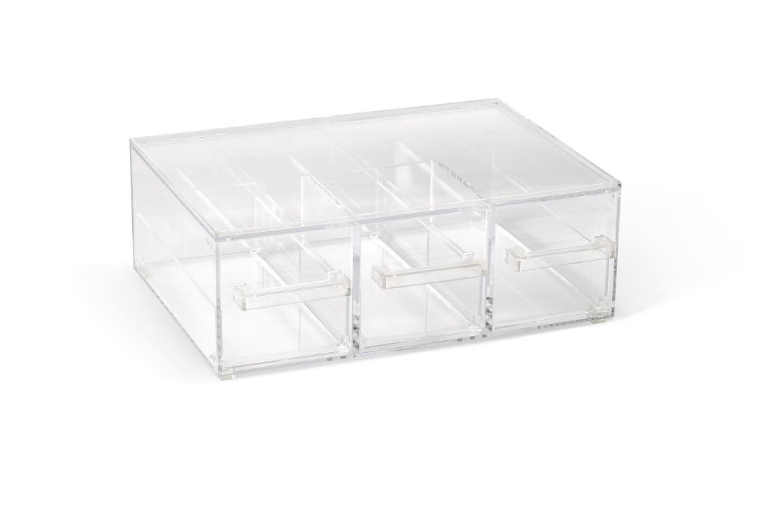 Cubic modular display bin with one full-size three-compartment drawer