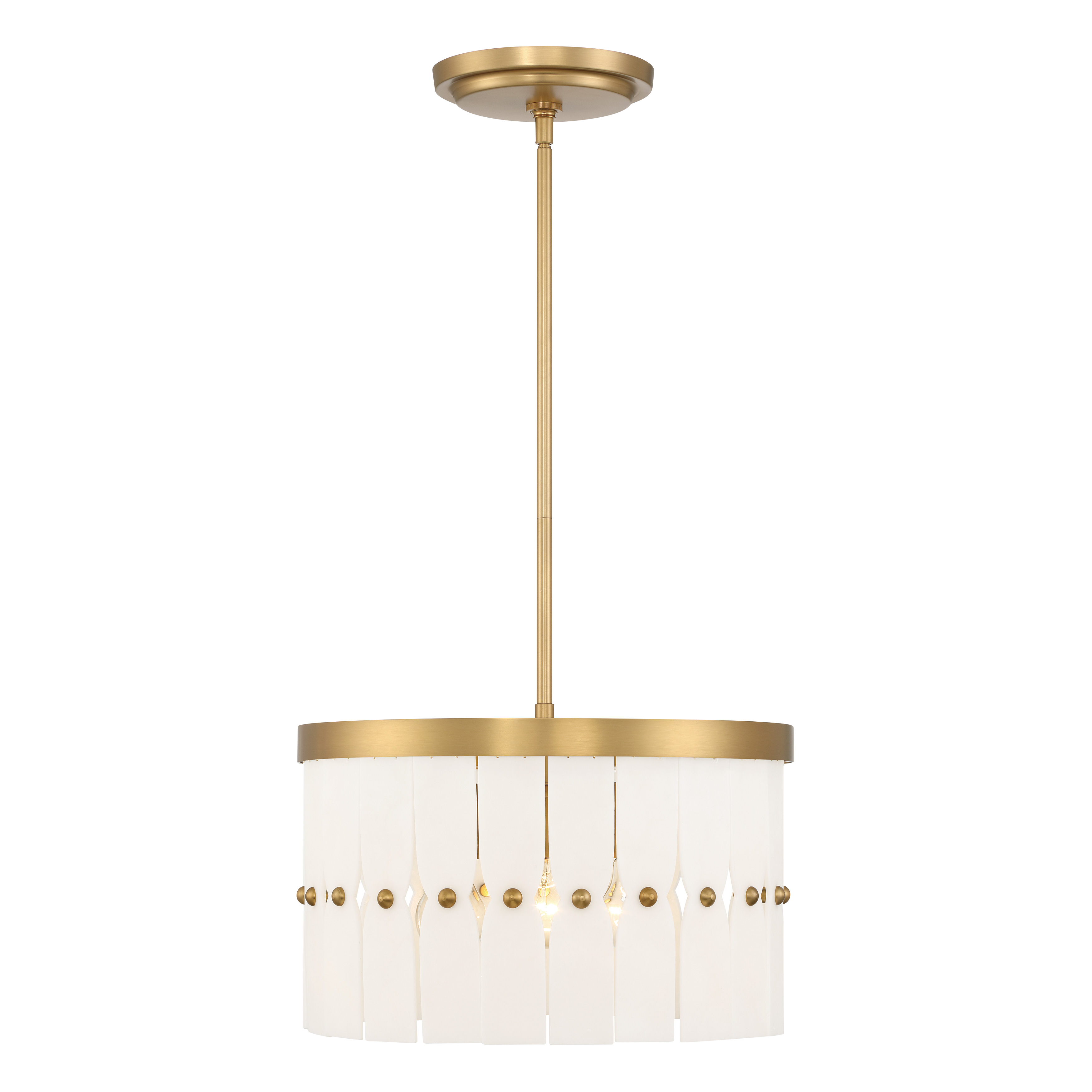 The Coronelle offers flexible installation as either a semi-flush or pendant, featuring a warm Legacy Brass finish with faux alabaster shades. Its 16-inch width and transitional styling make it adaptable to various room sizes and décor styles. - alternate view