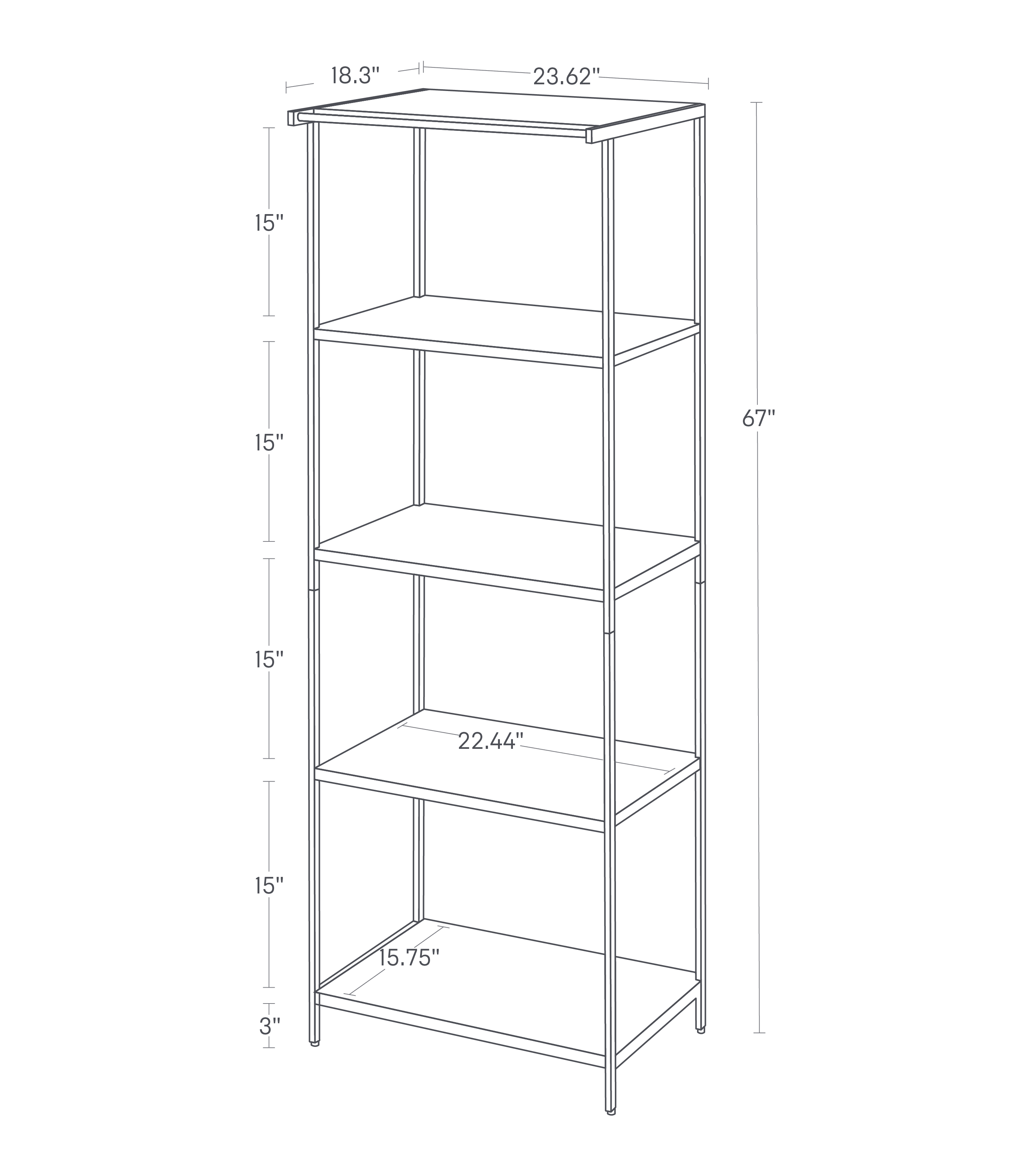 Dimension image for Storage Rack - 67 inches showing a total length of 23.62 inches, width of 18.3 inches and height of 67 inches. Floor to bottom shelf height of 3 inches. Shelves spaced out by 15 inches each. Shelf size of 22.44 inches by 15.75 inches.