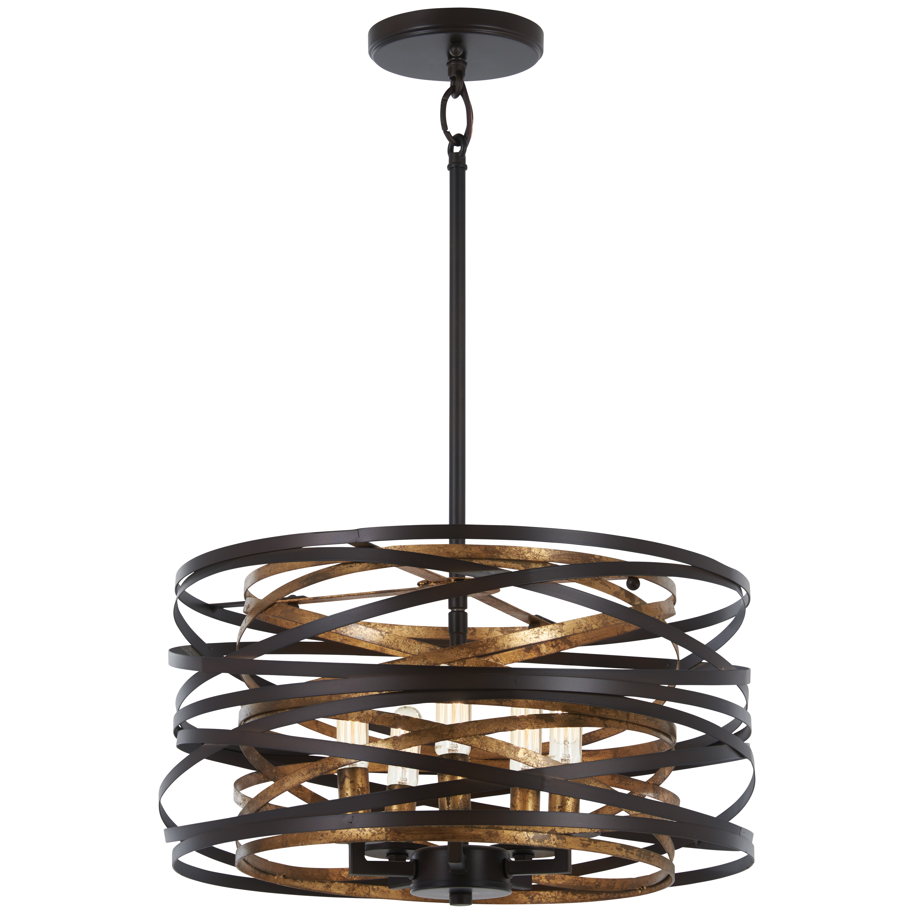 The Vortic Flow combines contemporary styling with practical versatility. Its convertible design adapts to various ceiling heights, while the dark bronze exterior with mosaic gold interior creates visual drama when illuminated. - alternate view