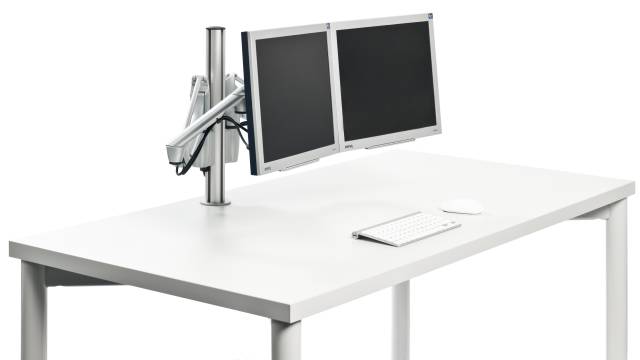 LiftTEC® Comfort Duo lifts 2 monitors off the desk surface for comfortable side-by-side viewing