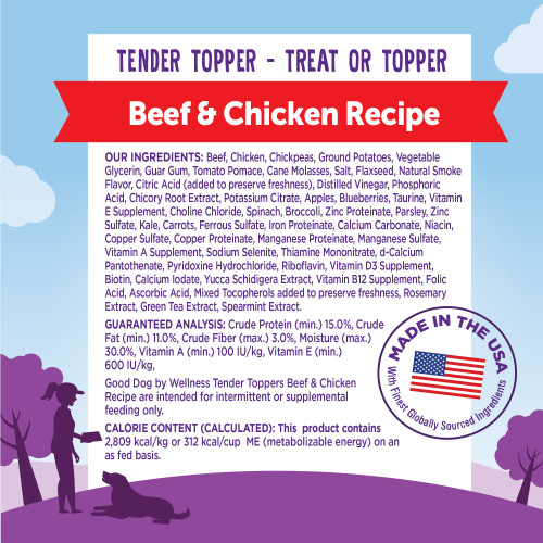 <p>Beef, Chicken, Chickpeas, Ground Potatoes, Vegetable Glycerin, Guar Gum, Tomato Pomace, Cane Molasses, Salt, Flaxseed, Natural Smoke Flavor, Citric Acid, Distilled Vinegar, Phosphoric Acid, Chicory Root Extract, Potassium Citrate, Apples, Blueberries, Taurine, Vitamin E Supplement, Choline Chloride, Spinach, Broccoli, Zinc Proteinate, Parsley, Zinc Sulfate, Kale, Carrots, Ferrous Sulfate, Iron Proteinate, Calcium Carbonate, Niacin, Copper Sulfate, Copper Proteinate, Manganese Proteinate, Manganese Sulfate, Vitamin A Supplement, Sodium Selenite, Thiamine Mononitrate, d-Calcium Pantothenate, Pyridoxine Hydrochloride, Riboflavin, Vitamin D3 Supplement, Biotin, Calcium Iodate, Yucca Schidigera Extract, Vitamin B12 Supplement, Folic Acid, Ascorbic Acid, Mixed Tocopherols added to preserve freshness, Rosemary Extract, Green Tea Extract, Spearmint Extract.</p>
