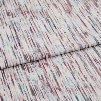 Light-colored textured woven fabric with vertical, streaky maroon and teal lines, folded across itself, lying flat in a close-up studio shot with soft, even lighting.