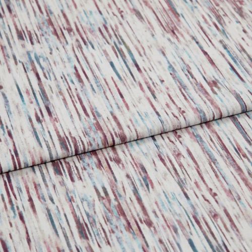 Light-colored textured woven fabric with vertical, streaky maroon and teal lines, folded across itself, lying flat in a close-up studio shot with soft, even lighting.