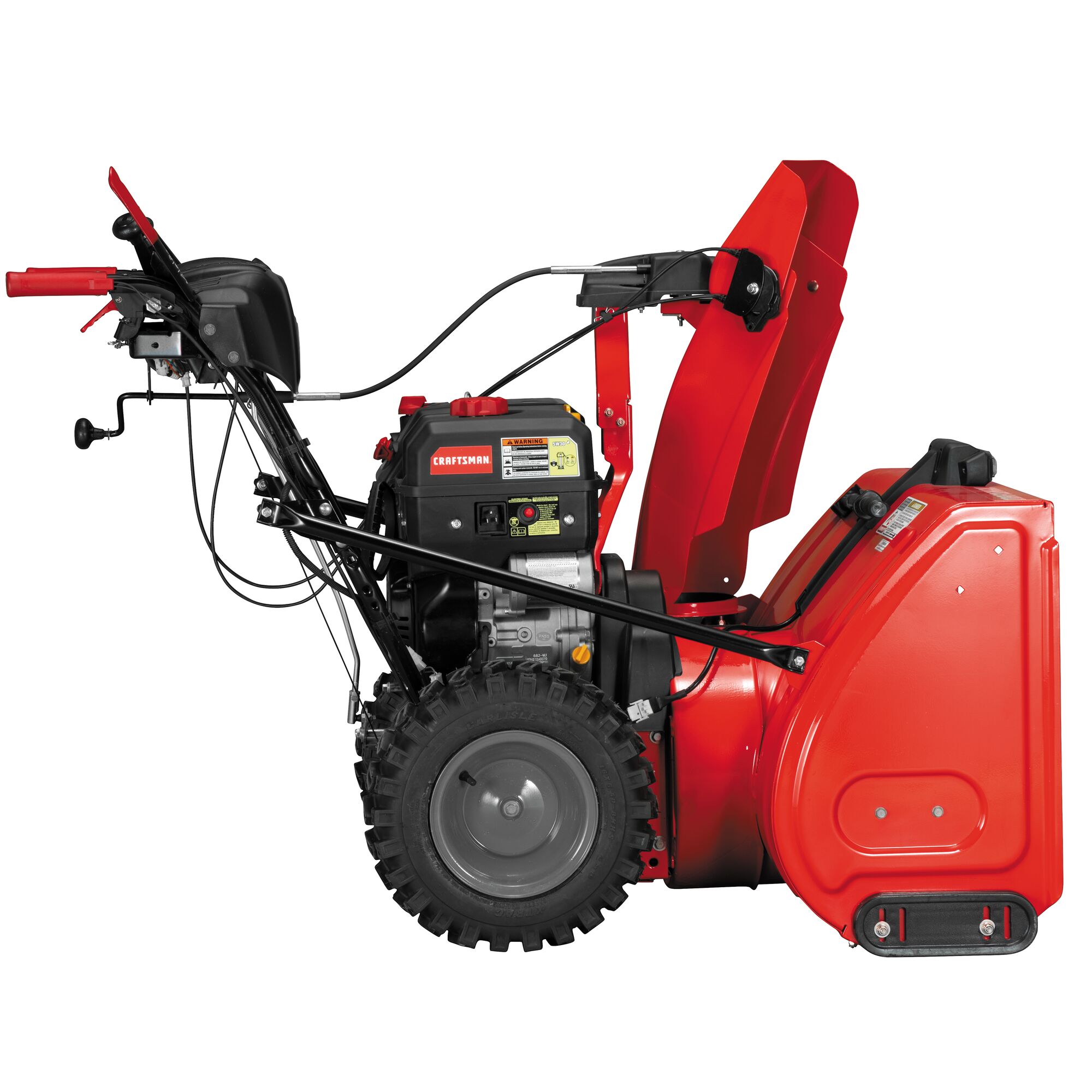 Right profile of 28 inch 357CC two stage self propelled gas snow blower with E F I and E G O V engine.