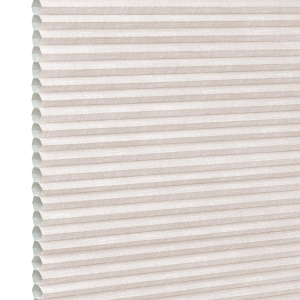 Beige pleated cellular (honeycomb) shade, horizontal ridges with visible open cells at left edge; fully lowered and closed, softly diffusing daylight in a neutral, featureless interior close-up.