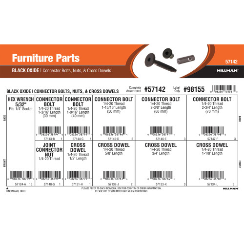 Black Oxide Furniture Parts Assortment (Connector Bolts, Nuts, Cross Dowels)