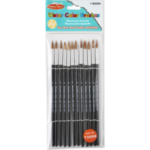 Water Color Paint Brushes with Round Pointed Tip, # 6, 11/16", Camel Hair, Black Handle, Pack of 12