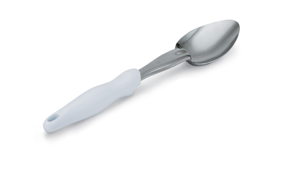14-inch heavy-duty stainless steel solid basting spoon with white Ergo Grip™ handle