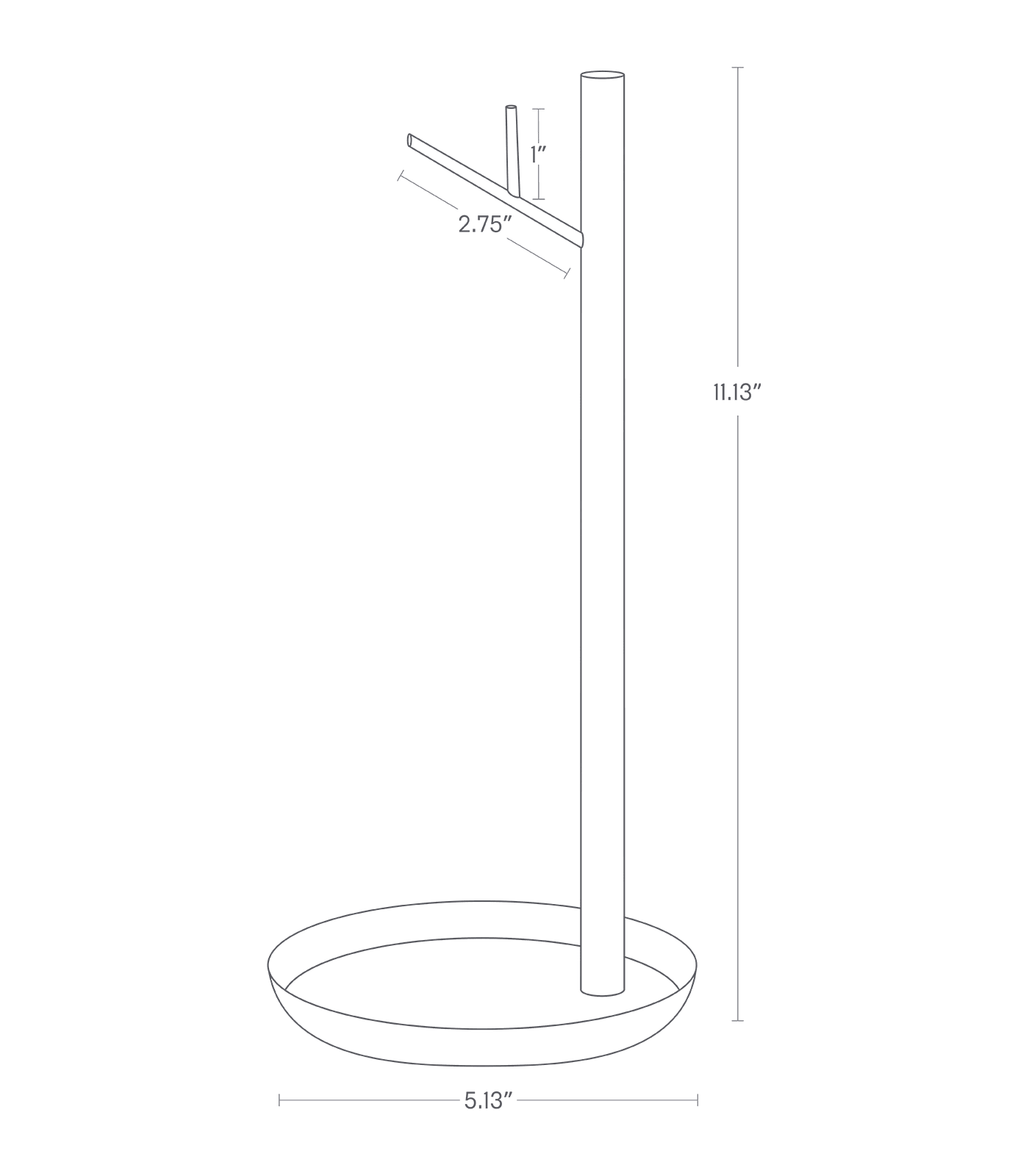Dimension image of Banan Stand with a total height of 11.13 inches, total hanger length of 2.75 inches, total inchesbranch inches length coming out from the hook of 1 inch, and a base width of 5.13 inches.