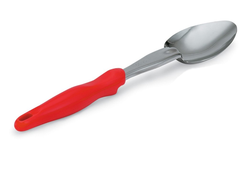 Heavy-duty stainless steel solid basting spoon with red Ergo Grip™ handle