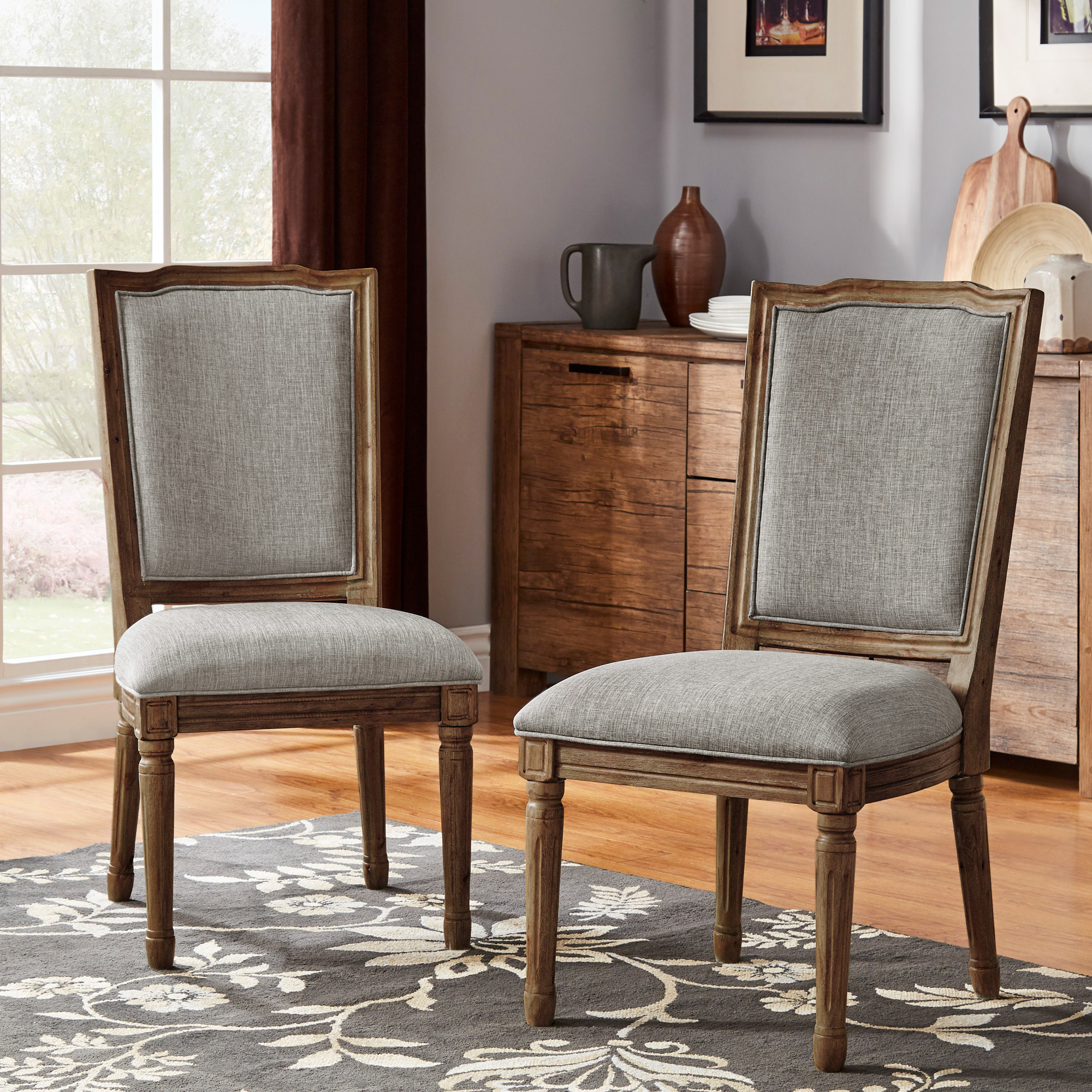 Ornate Linen and Wood Dining Chairs (Set of 2)