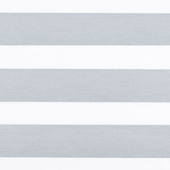 Horizontal dual-layer (zebra) roller blind covering a window, showing alternating textured gray opaque and white sheer bands that filter light; close-up view with neutral interior lighting.