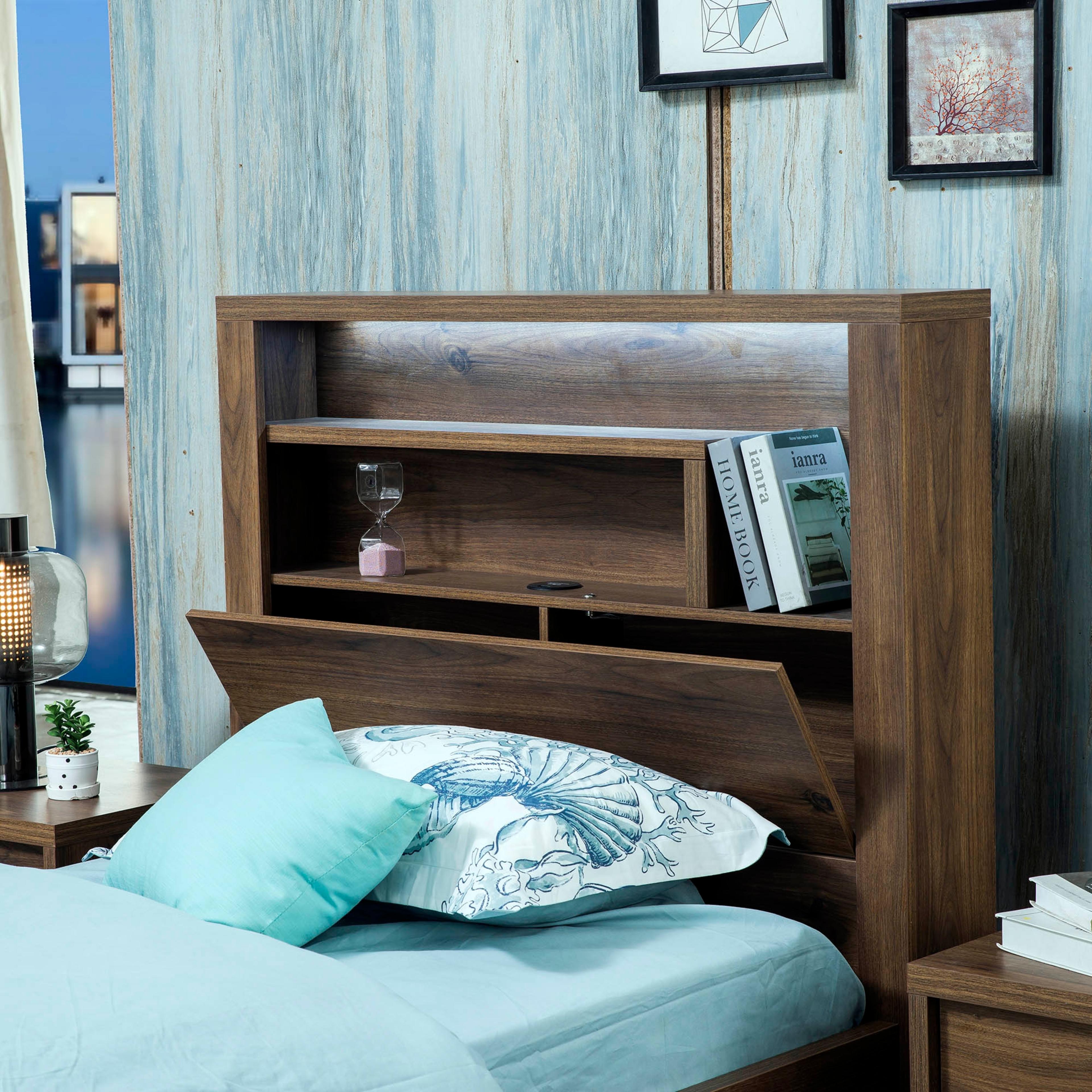 Lifestyle image of the  Bellevue Bed Frame, Front Slat Gas Lift Base, Rustic Walnut from Forty Winks