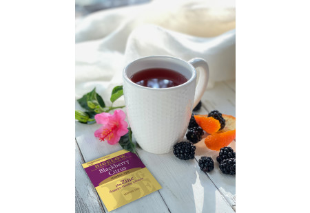 Cup of Blackberry Citrus Herbal Tea Plus Zinc and foil packet