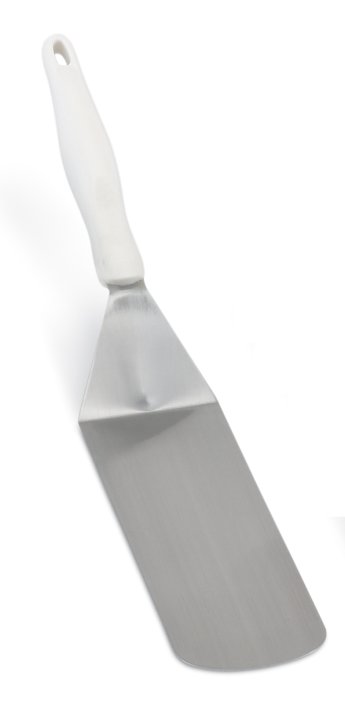 Heavy-duty stainless steel hamburger turner with flexible blade and white nylon Ergo Grip™ handle