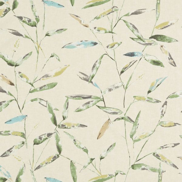 Watercolor-style bamboo leaves and thin stems (object) sweep and overlap in vertical, repeating patterns (action) across a mottled beige, wallpaper-like background with subtle fabric texture (context).