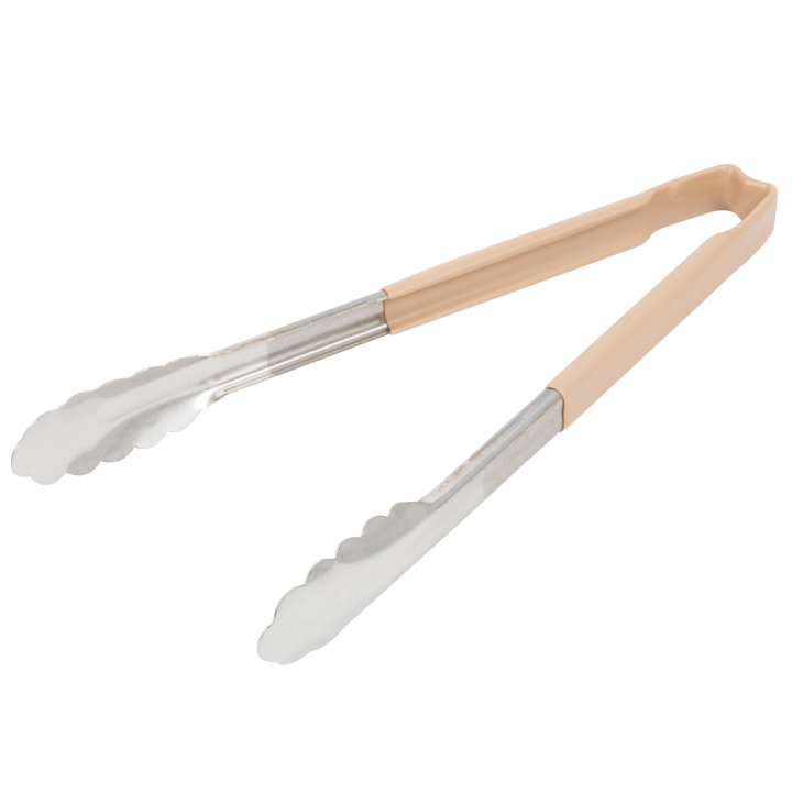 12-inch stainless steel one-piece scalloped tongs with tan Kool-Touch® handle