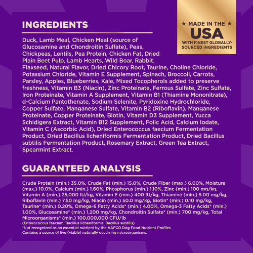 <p>Duck, Lamb Meal, Chicken Meal (source of Glucosamine and Chondroitin Sulfate), Peas, Chickpeas, Lentils, Pea Protein, Chicken Fat, Dried Plain Beet Pulp, Lamb Hearts, Wild Boar, Rabbit, Flaxseed, Natural Flavor, Dried Chicory Root, Taurine, Choline Chloride, Potassium Chloride, Vitamin E Supplement, Spinach, Broccoli, Carrots, Parsley, Apples, Blueberries, Kale, Mixed Tocopherols added to preserve freshness, Vitamin B3 (Niacin), Zinc Proteinate, Ferrous Sulfate, Zinc Sulfate, Iron Proteinate, Vitamin A Supplement, Vitamin B1 (Thiamine Mononitrate), d-Calcium Pantothenate, Sodium Selenite, Pyridoxine Hydrochloride, Copper Sulfate, Manganese Sulfate, Vitamin B2 (Riboflavin), Manganese Proteinate, Copper Proteinate, Biotin, Vitamin D3 Supplement, Yucca Schidigera Extract, Vitamin B12 Supplement, Folic Acid, Calcium Iodate, Vitamin C (Ascorbic Acid), Dried Enterococcus faecium Fermentation Product, Dried Bacillus licheniformis Fermentation Product, Dried Bacillus subtilis Fermentation Product, Rosemary Extract, Green Tea Extract, Spearmint Extract.</p>
